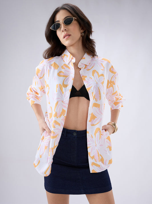 Orange and Pink Floral Printed Oversized Shirt