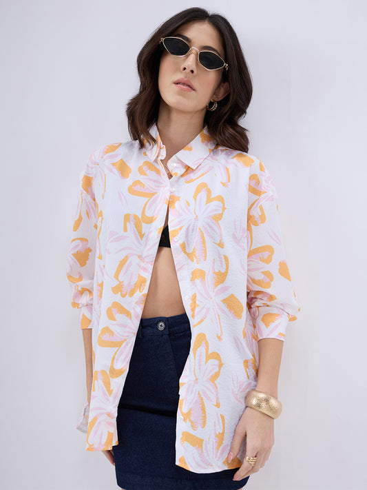 Orange and Pink Floral Printed Oversized Shirt