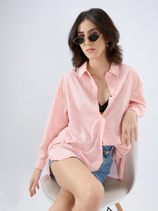 Coral Paisley Printed Oversized Shirt