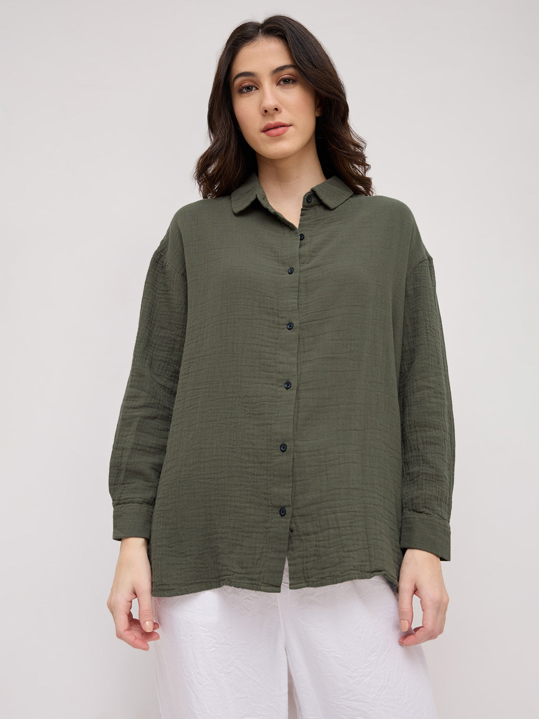 Solid Olive Double Cloth Oversized Shirt