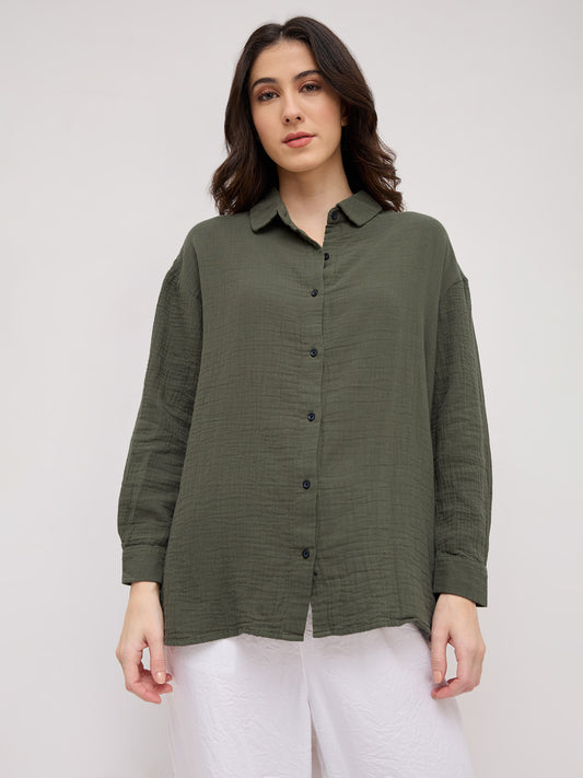 Solid Olive Double Cloth Oversized Shirt