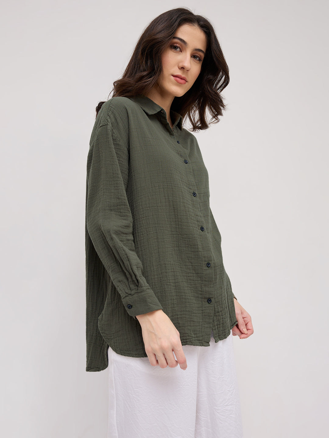 Solid Olive Double Cloth Oversized Shirt