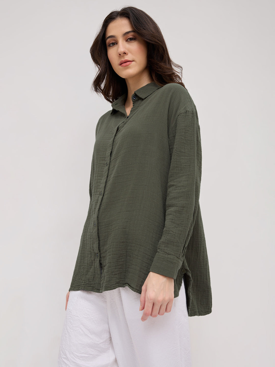 Solid Olive Double Cloth Oversized Shirt
