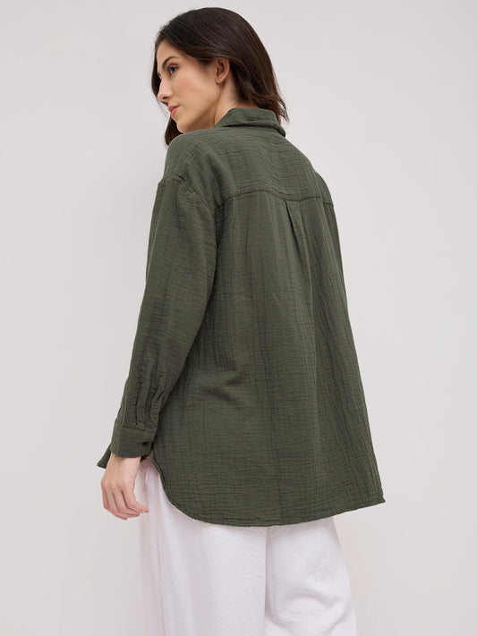 Solid Olive Double Cloth Oversized Shirt