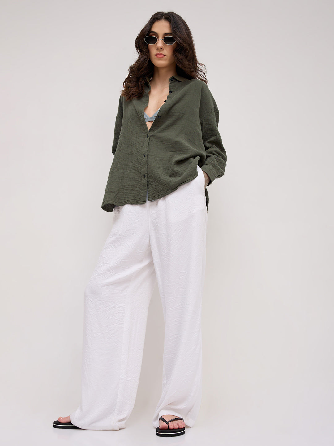 Solid Olive Double Cloth Oversized Shirt
