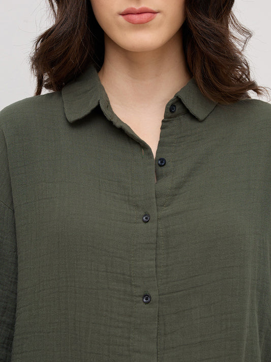 Solid Olive Double Cloth Oversized Shirt