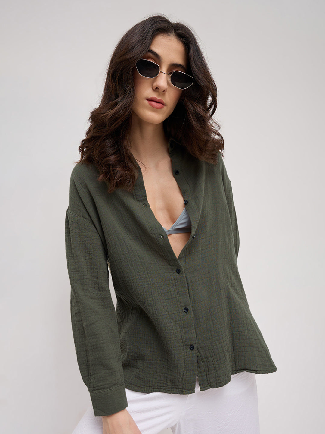 Solid Olive Double Cloth Oversized Shirt