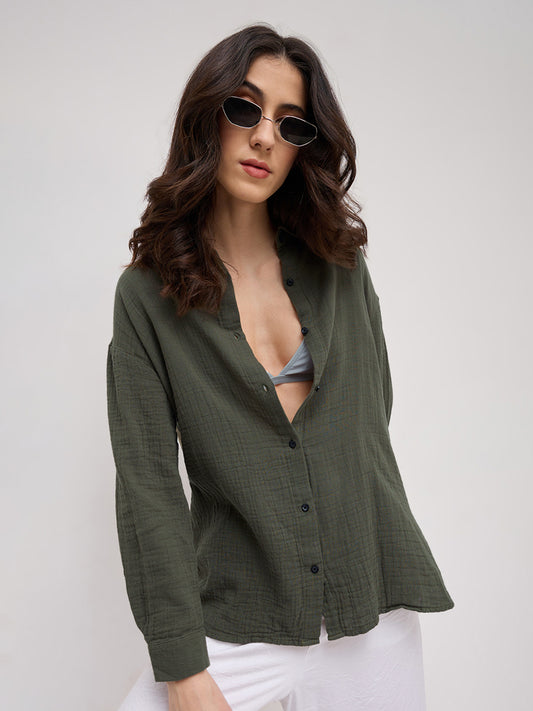 Solid Olive Double Cloth Oversized Shirt