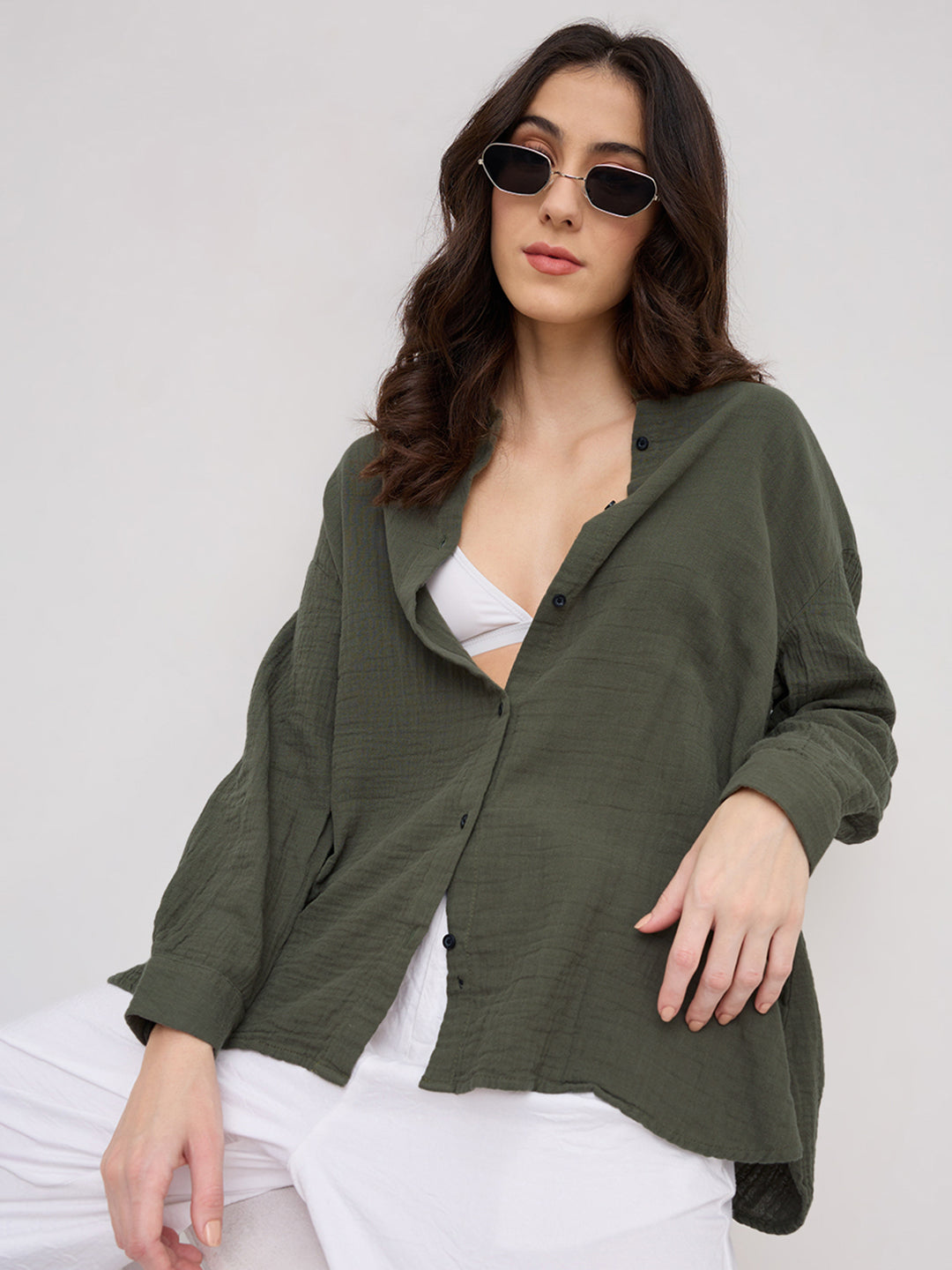 Solid Olive Double Cloth Oversized Shirt