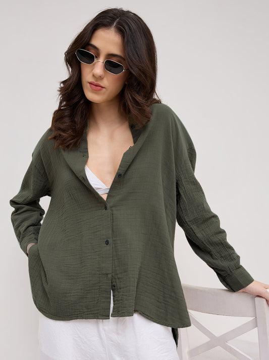 Solid Olive Double Cloth Oversized Shirt