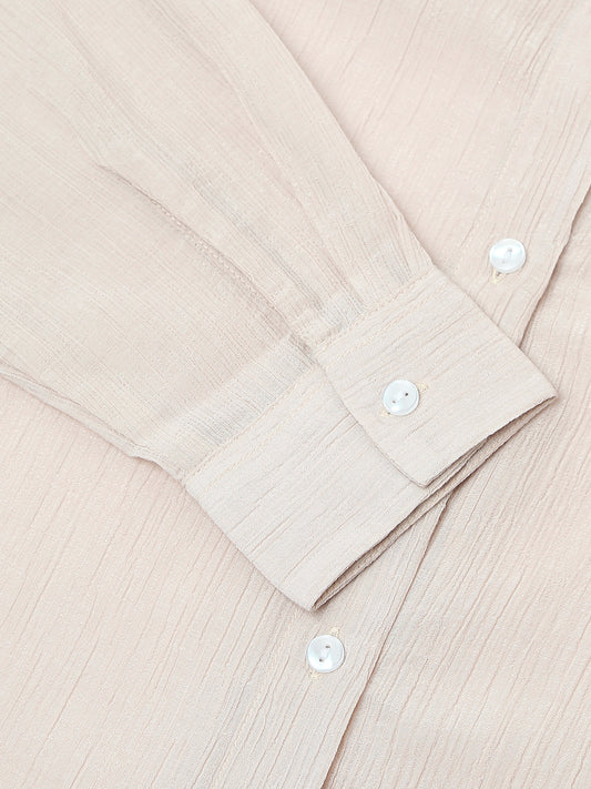 Glittery Beige Crinkled Oversized Shirt