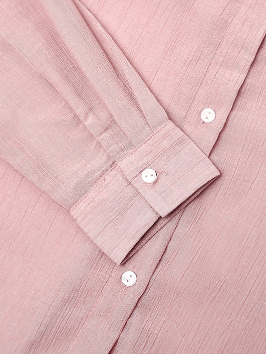 Glittery Baby Pink Crinkled Oversized Shirt