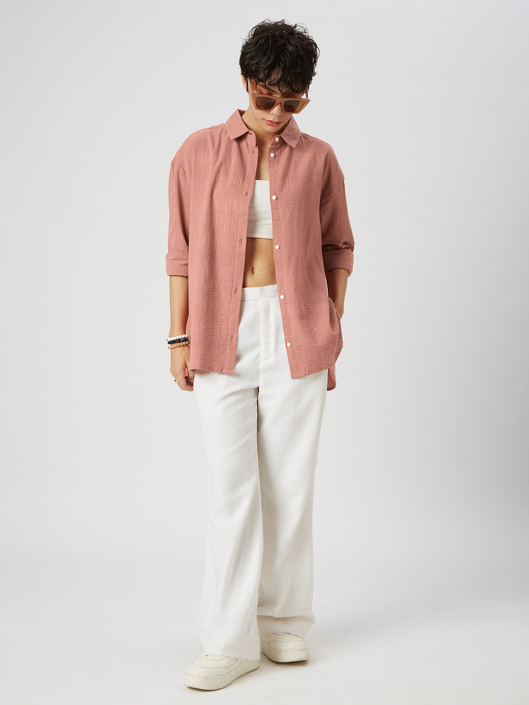 Coral Pink Seersucker Oversized Shirt