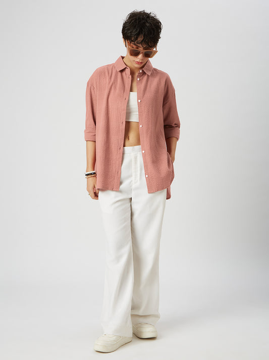 Coral Pink Seersucker Oversized Shirt