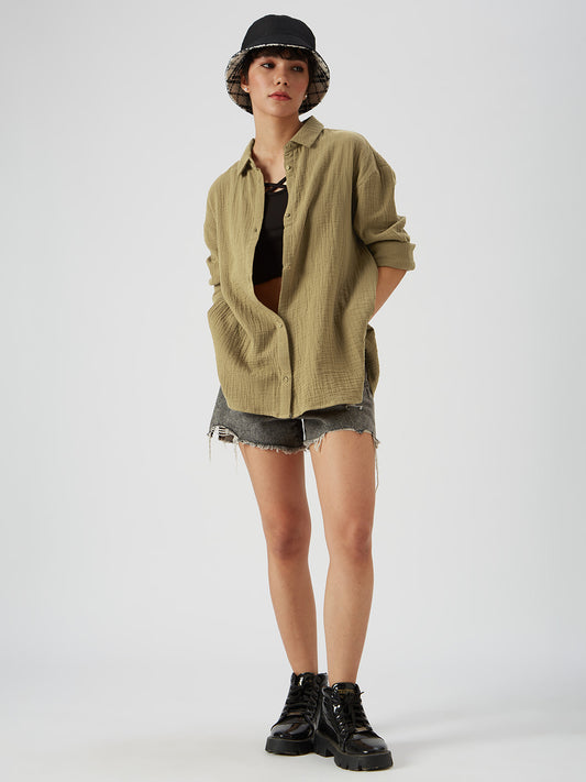 French Beige Solid Double Cloth Oversized Shirt