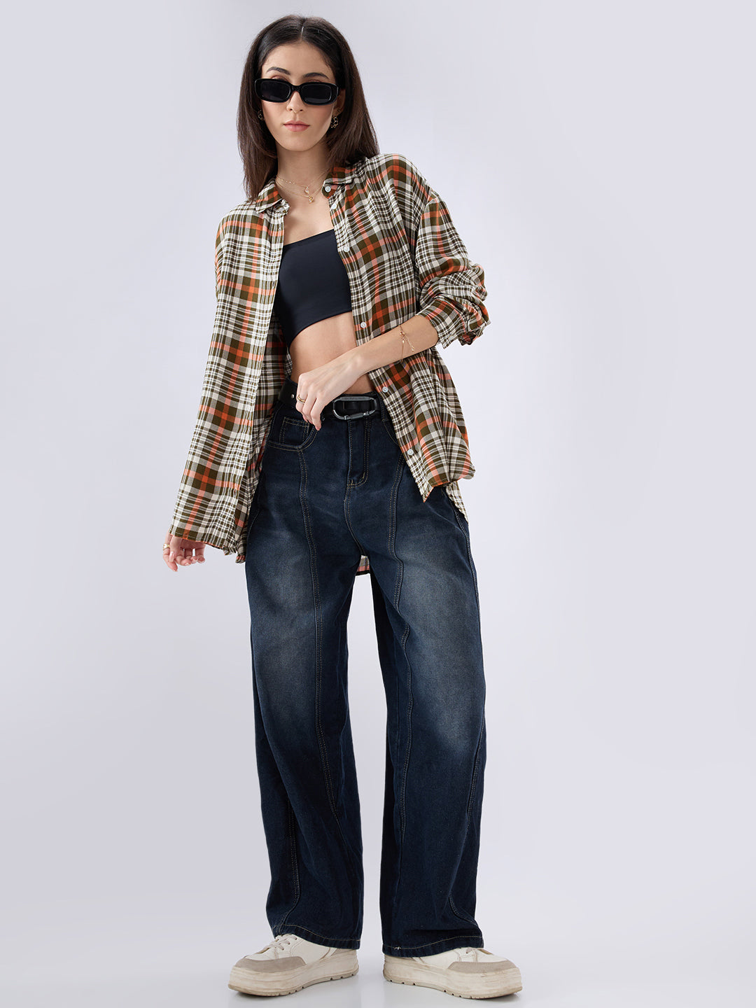Multicolor Tartan Checked Oversized Shirt