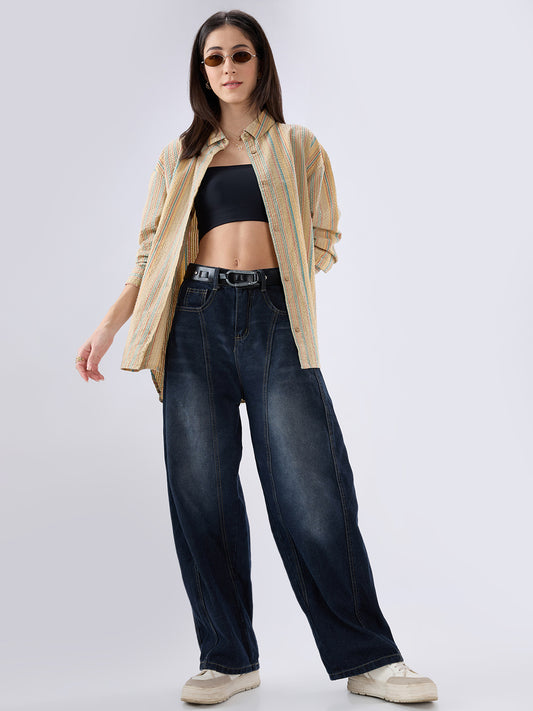 Classic Multicolor Striped Seersucker Oversized Shirt