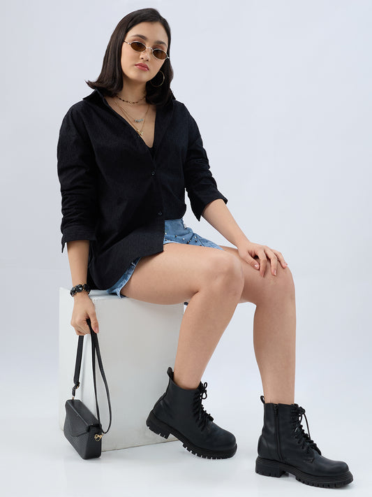 Deep Black Embroidered Oversized Shirt
