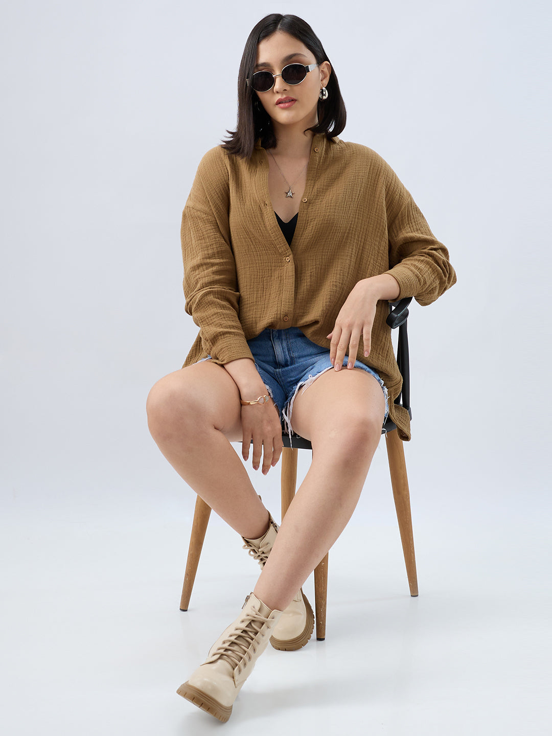Sepia Brown Double Cloth Oversized Shirt