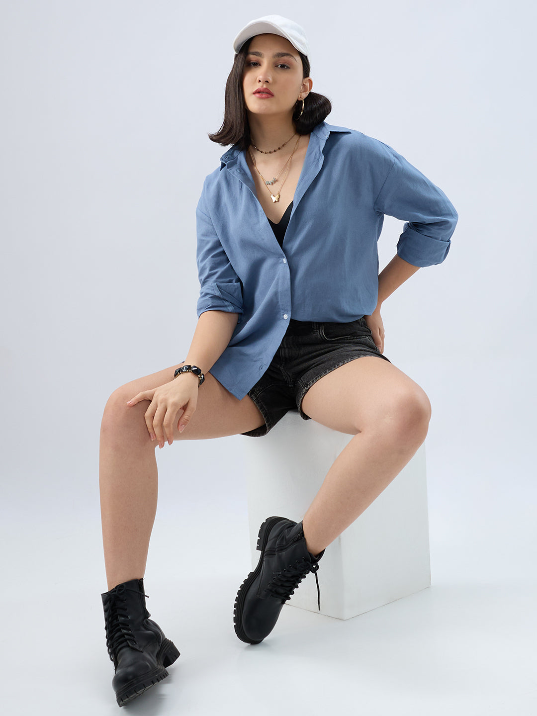 Steel Blue Linen Oversized Shirt