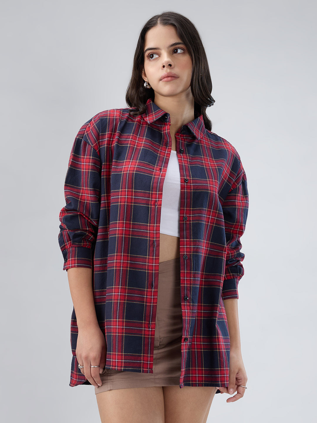 Red and Black Tartanique Checked Oversized Shirt