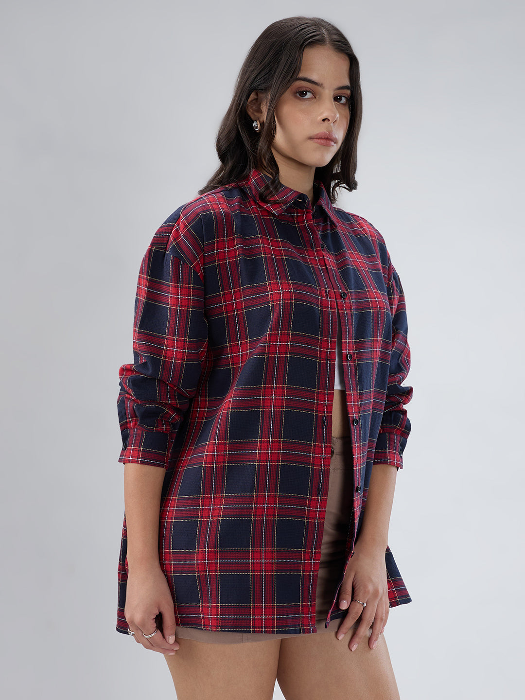 Red and Black Tartanique Checked Oversized Shirt