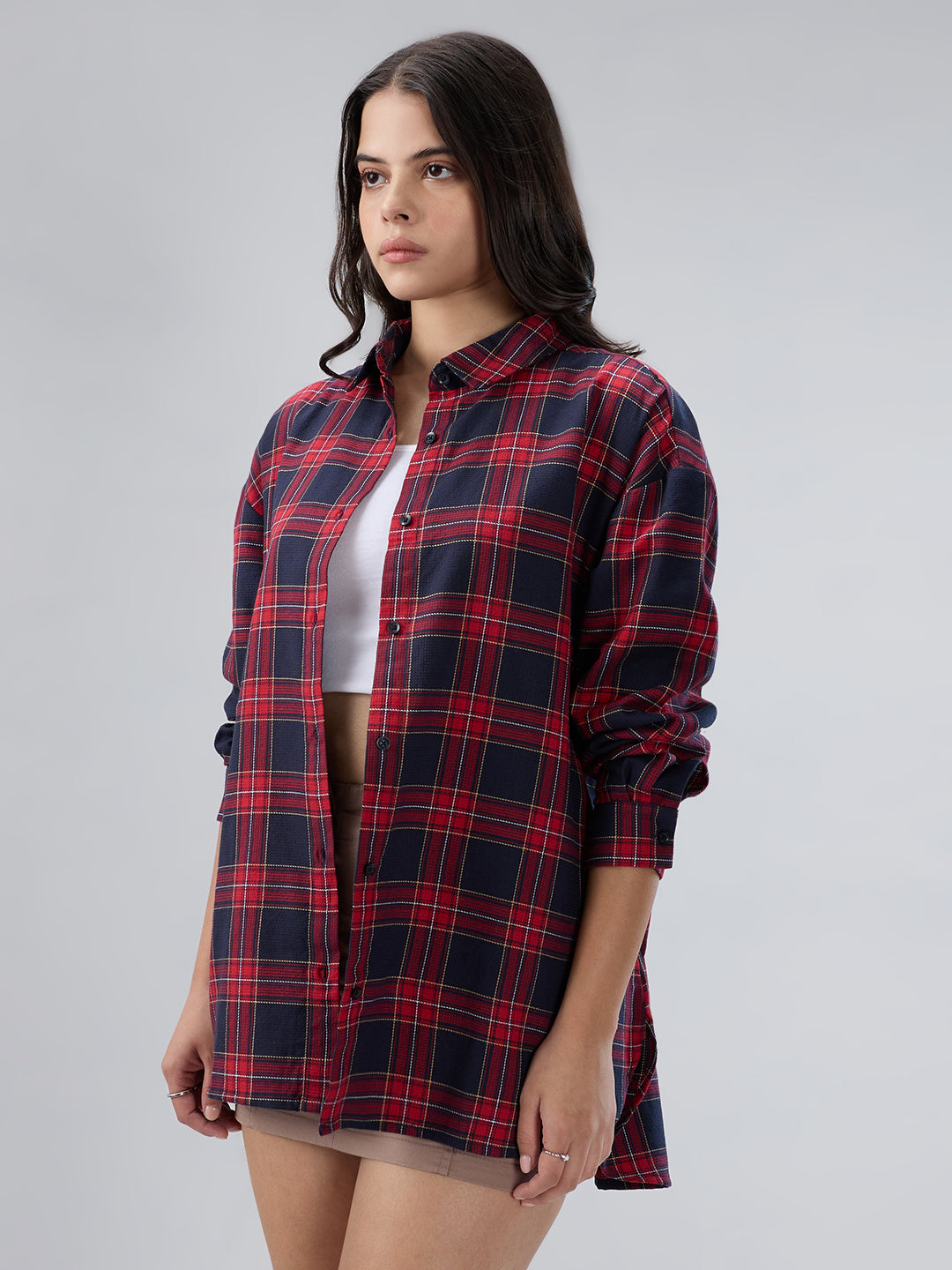 Red and Black Tartanique Checked Oversized Shirt