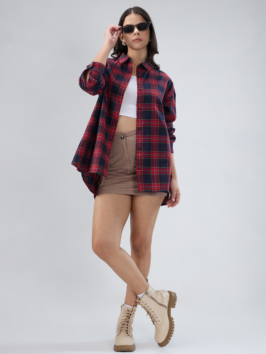 Red and Black Tartanique Checked Oversized Shirt