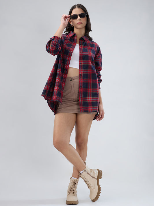 Red and Black Tartanique Checked Oversized Shirt