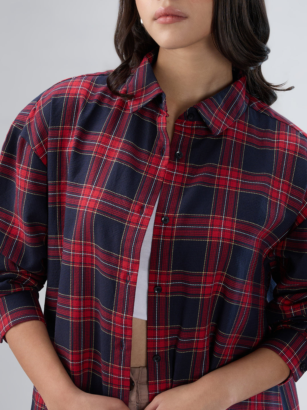 Red and Black Tartanique Checked Oversized Shirt