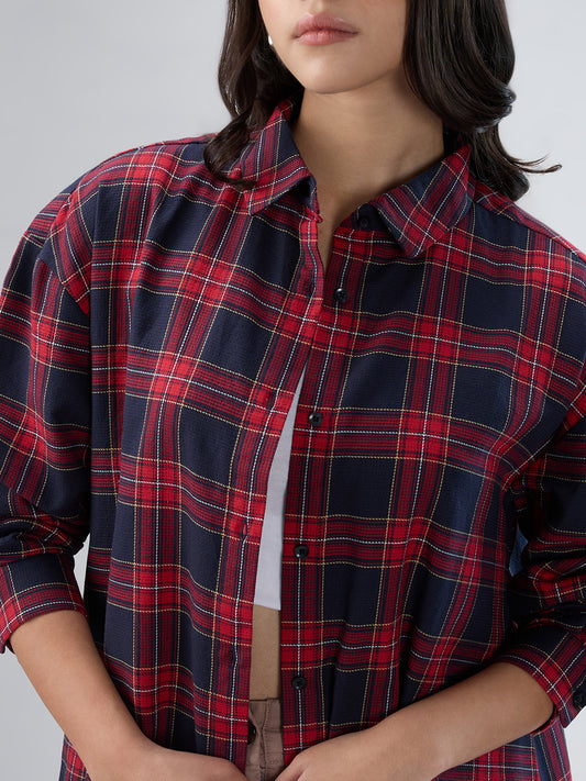 Red and Black Tartanique Checked Oversized Shirt