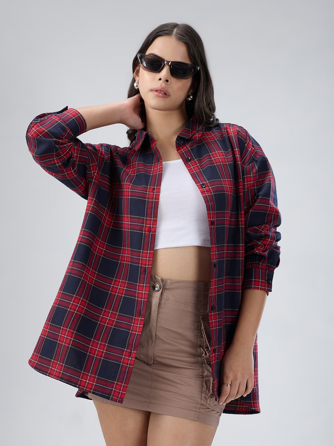Red and Black Tartanique Checked Oversized Shirt