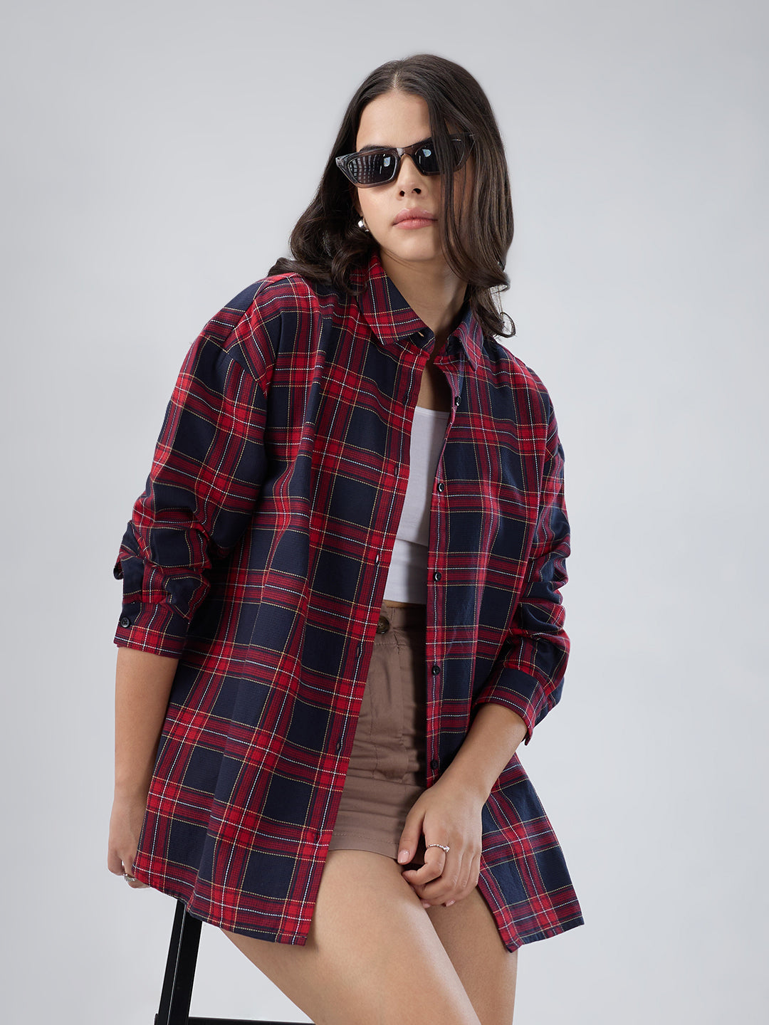 Red and Black Tartanique Checked Oversized Shirt