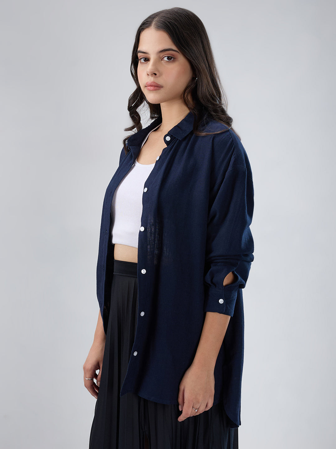 Classy Solid Navy Oversized Shirt