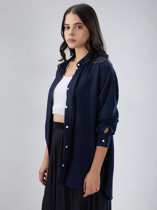 Classy Solid Navy Oversized Shirt