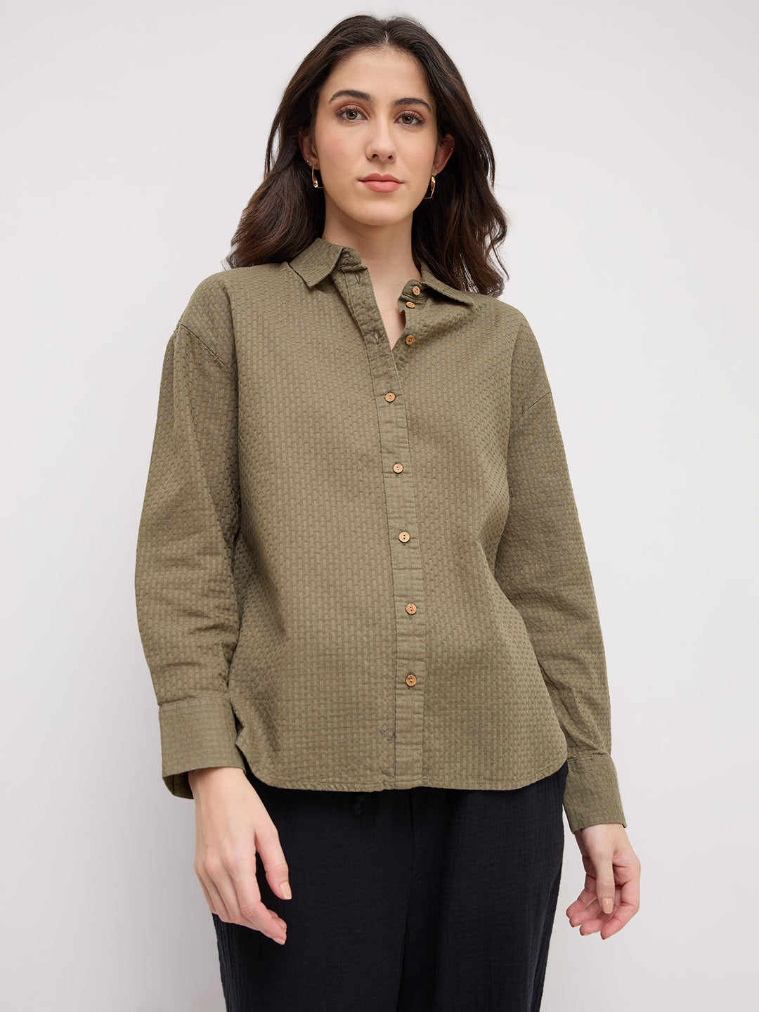 Olive Green Jacquard Weave Oversized Shirt