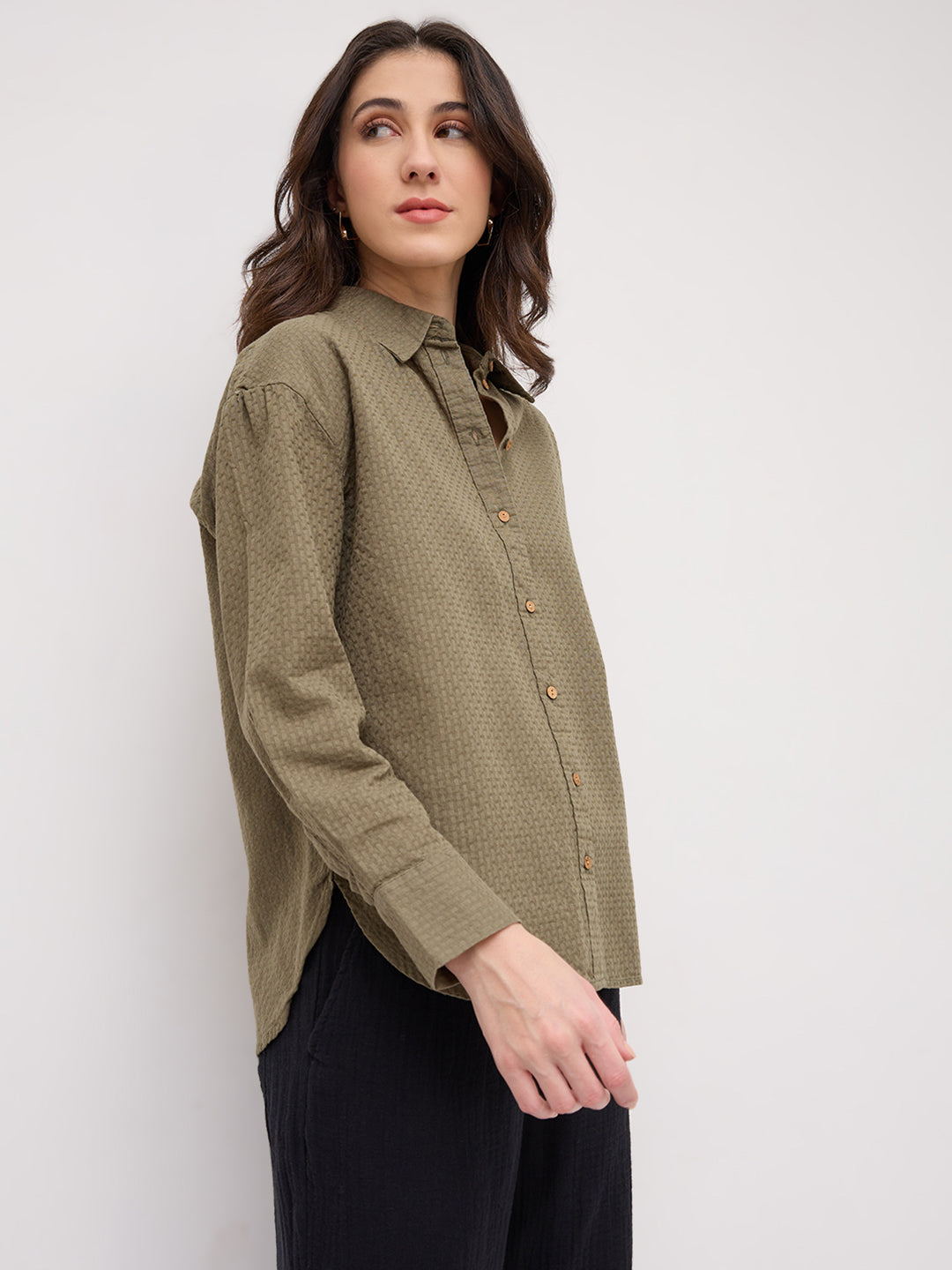 Olive Green Jacquard Weave Oversized Shirt