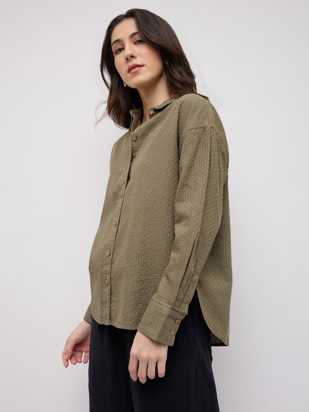 Olive Green Jacquard Weave Oversized Shirt