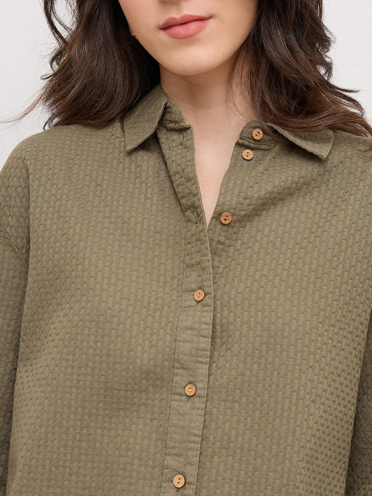 Olive Green Jacquard Weave Oversized Shirt
