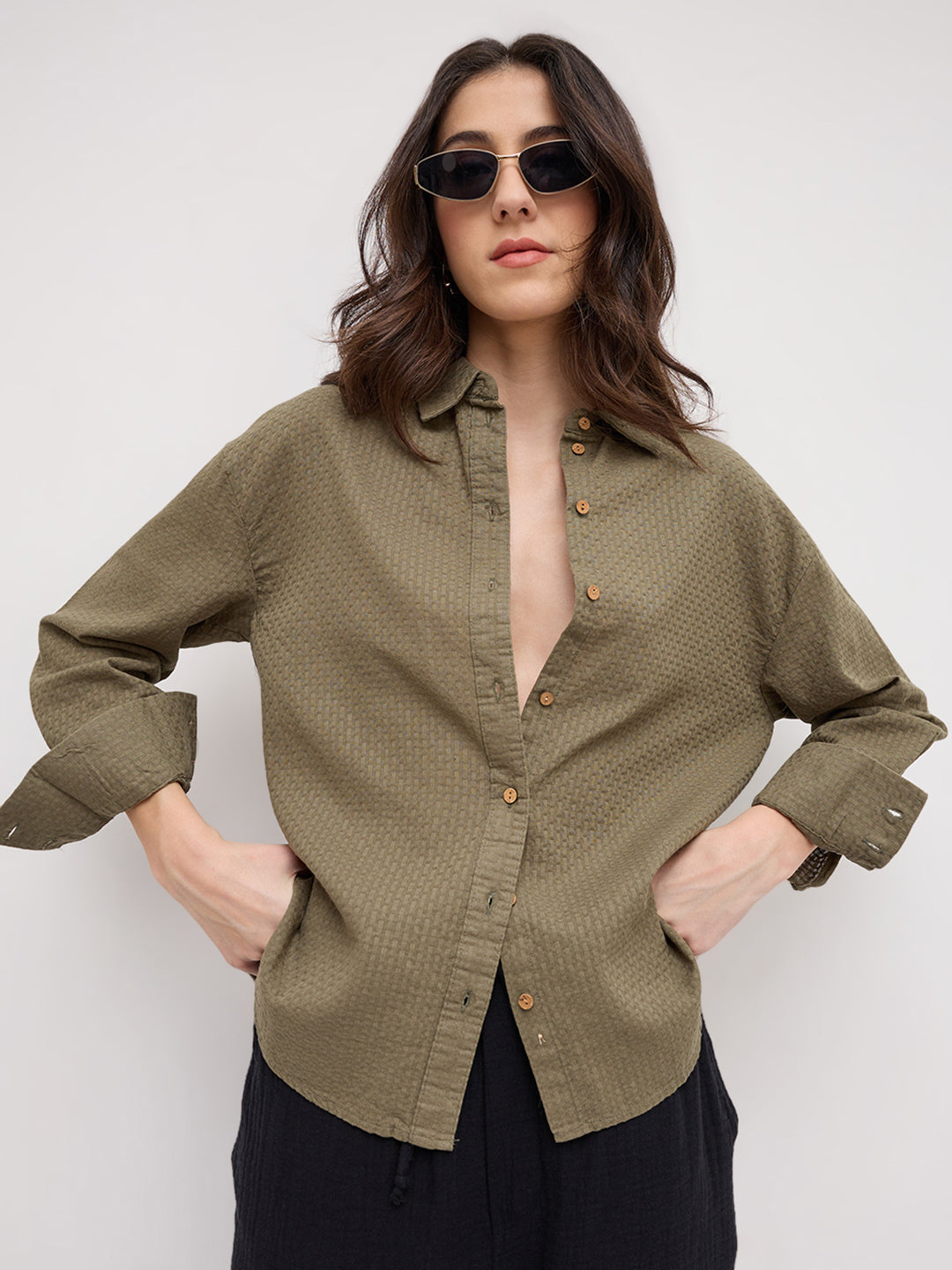 Olive Green Jacquard Weave Oversized Shirt