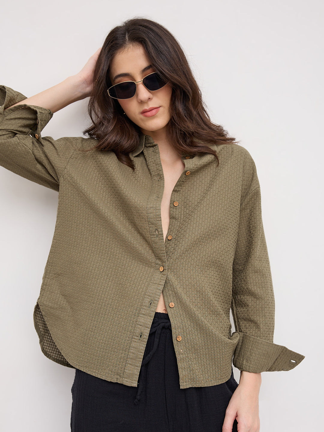 Olive Green Jacquard Weave Oversized Shirt