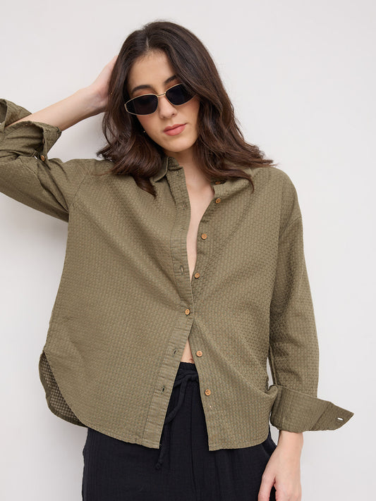 Olive Green Jacquard Weave Oversized Shirt