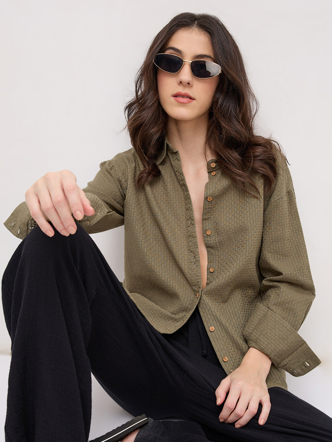 Olive Green Jacquard Weave Oversized Shirt