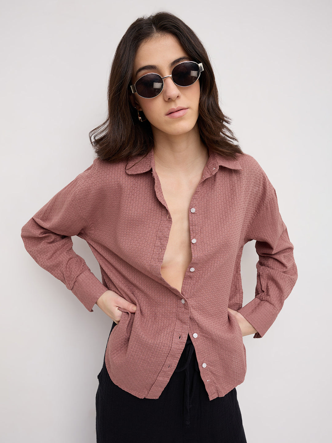 Turkish Rose Pink Jacquard Weave Oversized Shirt