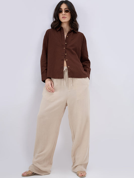 Chocolate Brown Jacquard Weave Oversized Shirt
