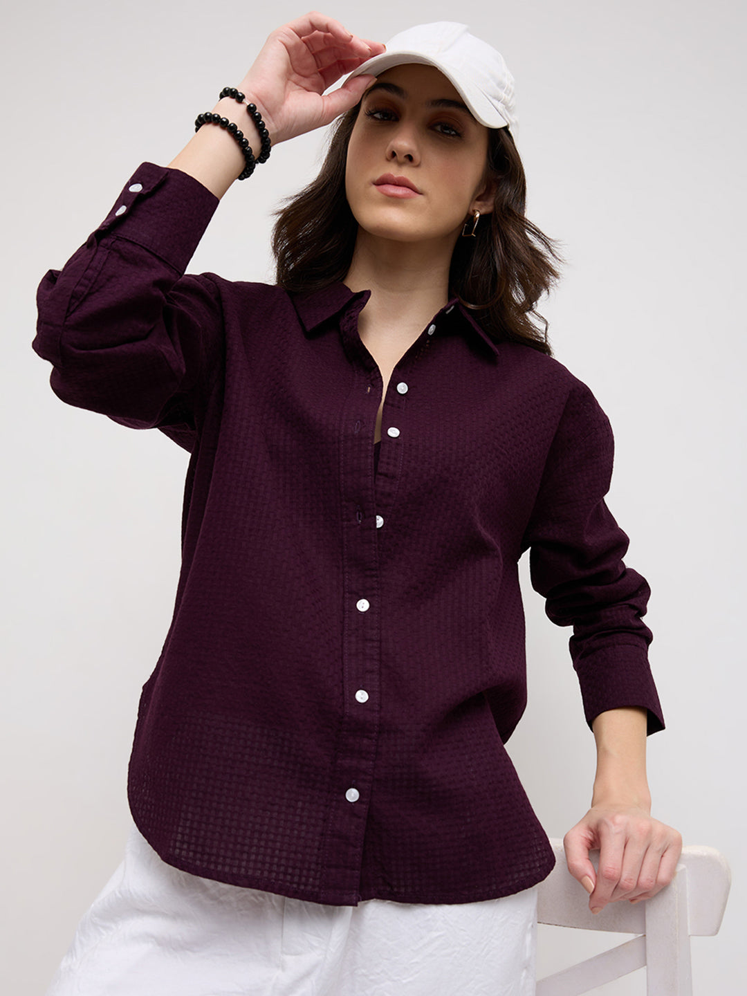 Wine Jacquard Weave Oversized Shirt