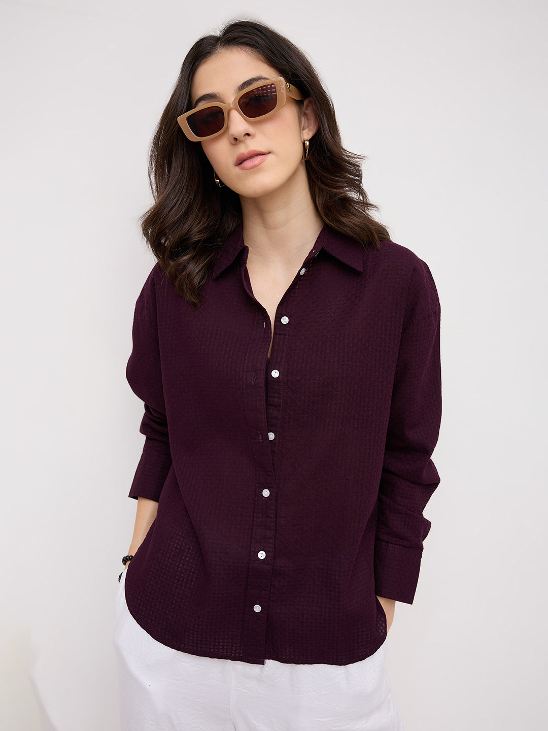 Wine Jacquard Weave Oversized Shirt