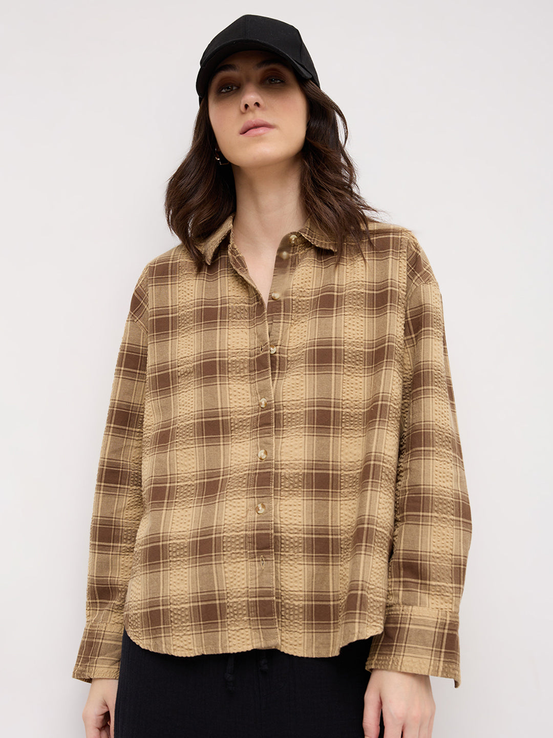 Brown & Beige Seersucker Checked Oversized Shirt