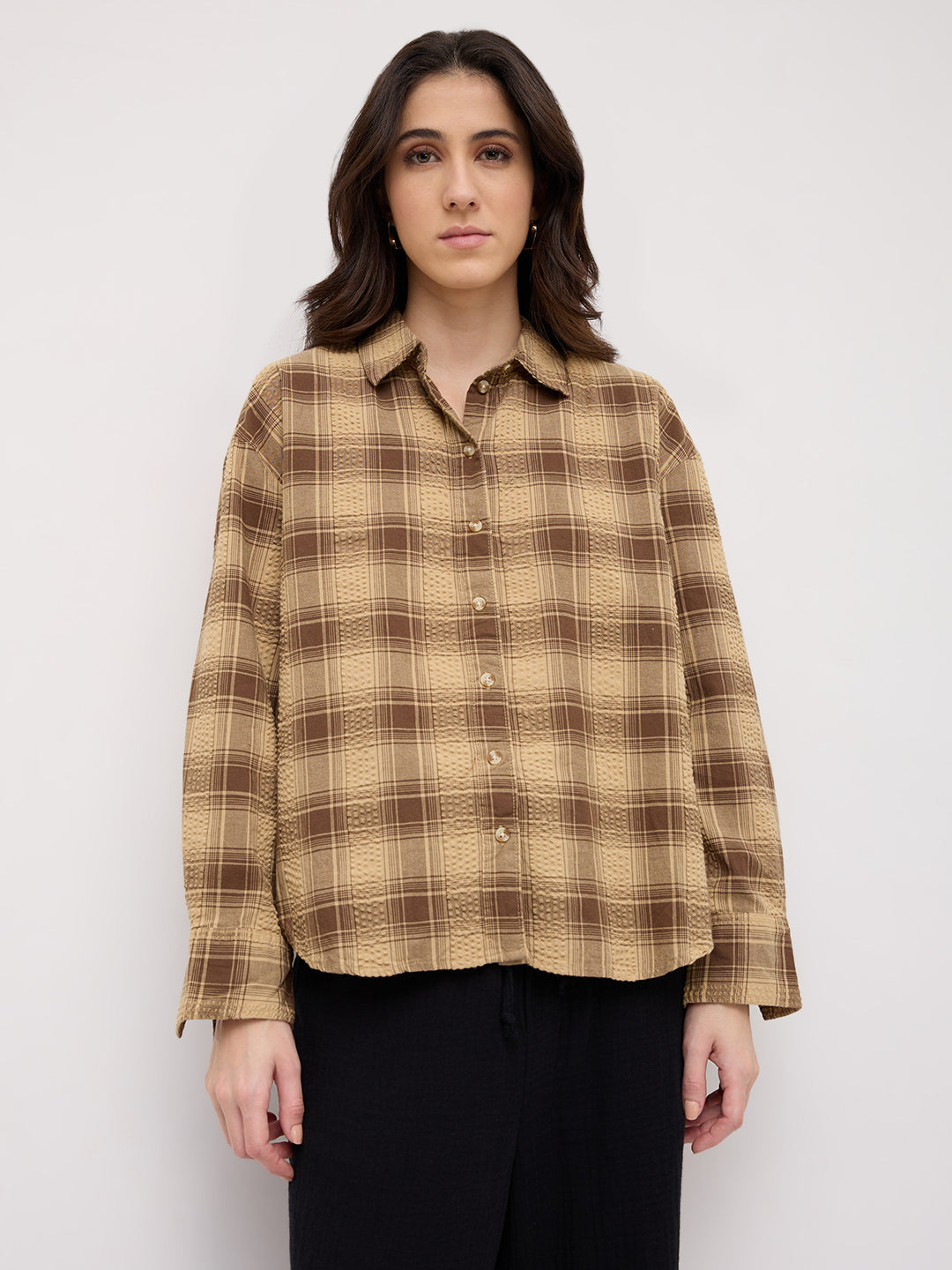 Brown & Beige Seersucker Checked Oversized Shirt