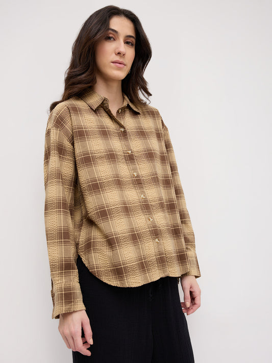 Brown & Beige Seersucker Checked Oversized Shirt